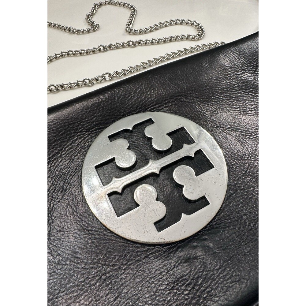 Tory Burch VTG Y2K Black/Silver Convert Leather Fold Over Clutch Shoulder Bag